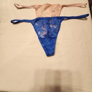 2 Victoria Secret Lace Thong Set - Blue and Pink With Rhinestones Sz Med